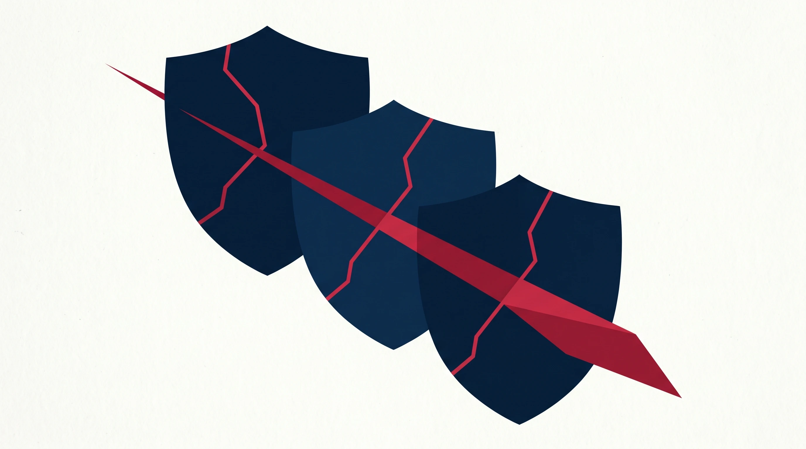 Drei Sicherheitsschilde mit übereinstimmenden Rissen, durch die ein einzelner Angriffsvektor gleichzeitig hindurchdringt – Illustration der zusammengesetzten dreifachen Angriffsfläche
