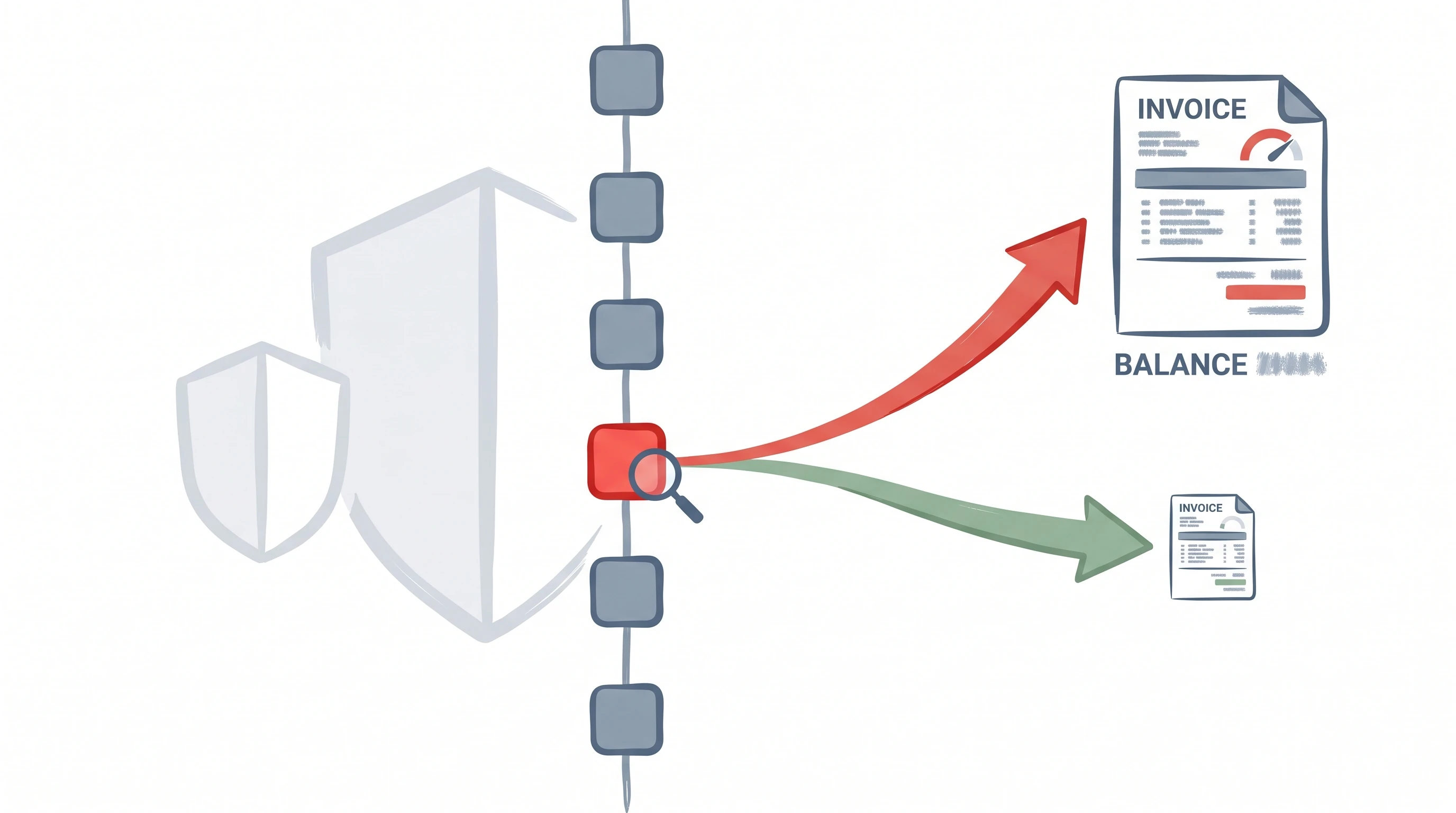 Eine Git-Commit-History-Baumansicht, in der ein hervorgehobener Commit eine starke Abrechnungsabweichung über dem erwarteten Kostenpfad auslöst – Illustration des Hermes.MD-Anti-Missbrauch-Fehlalarms