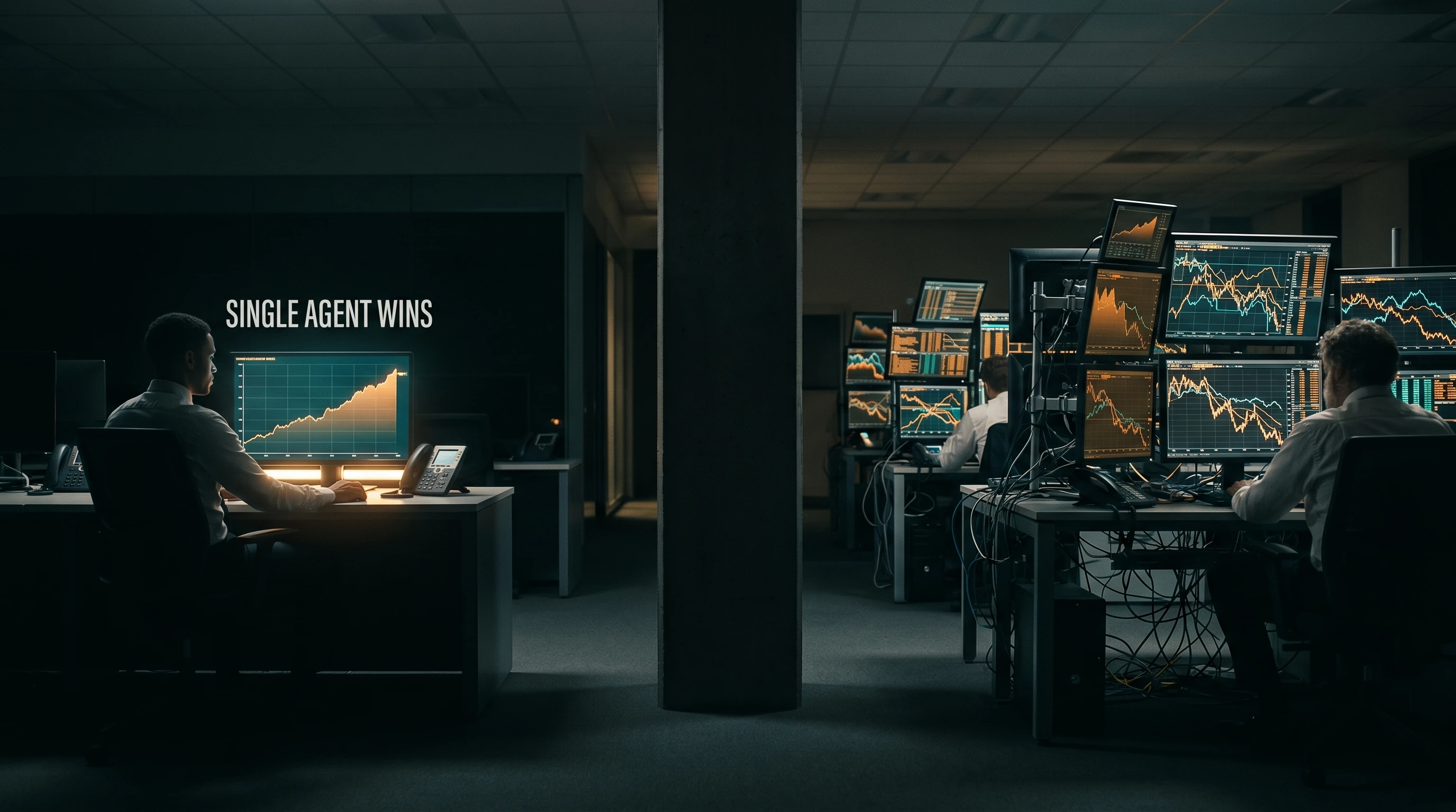 Eine geteilte Leitstand-Szene, die ein einzelnes fokussiertes Agent-Terminal mit steigenden Performance-Metriken (links) einem chaotischen Cluster rückläufiger Multi-Agenten-Terminals (rechts) gegenüberstellt, beleuchtet in Bernstein und Blaugrün