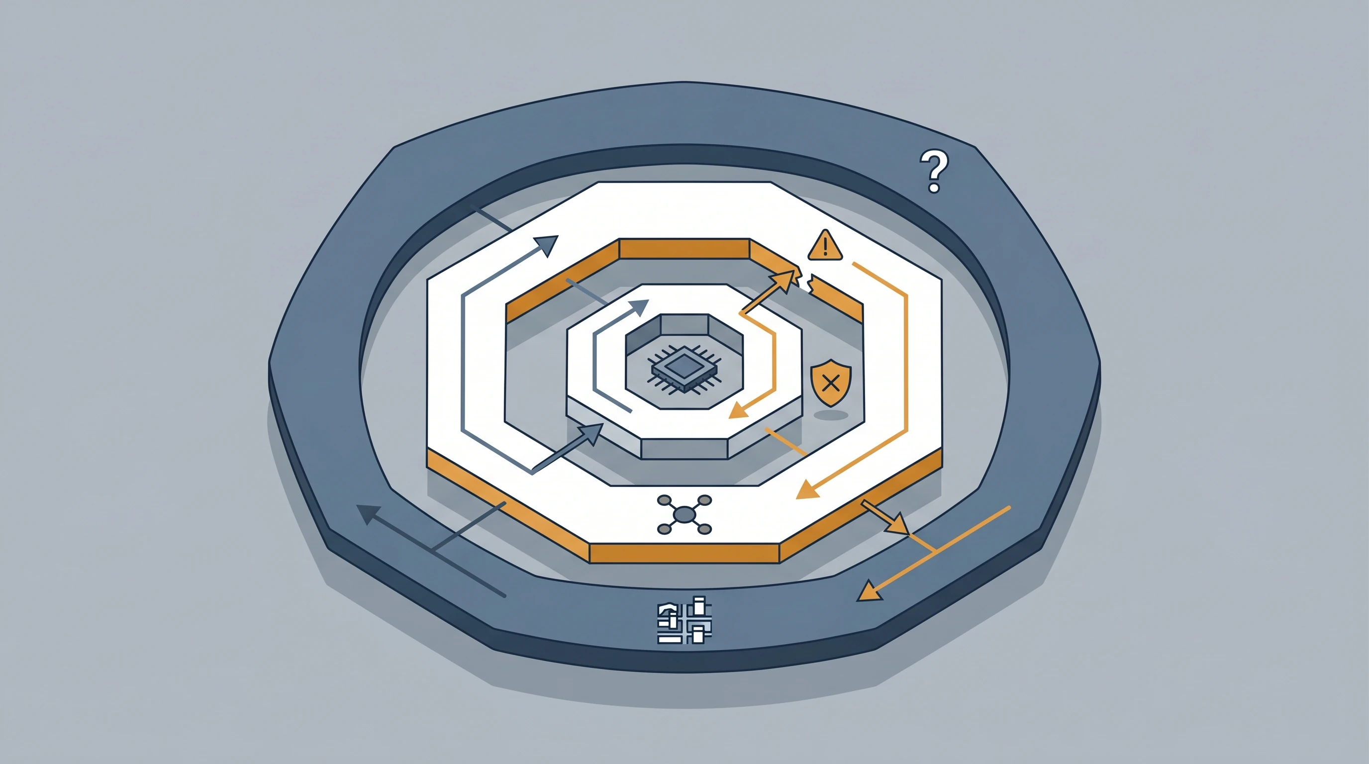 An isometric illustration of three nested hexagonal governance rings — agent, orchestration, city — with a severed audit trace arrow, a warning diamond, and a shield-with-X marking an accountability gap