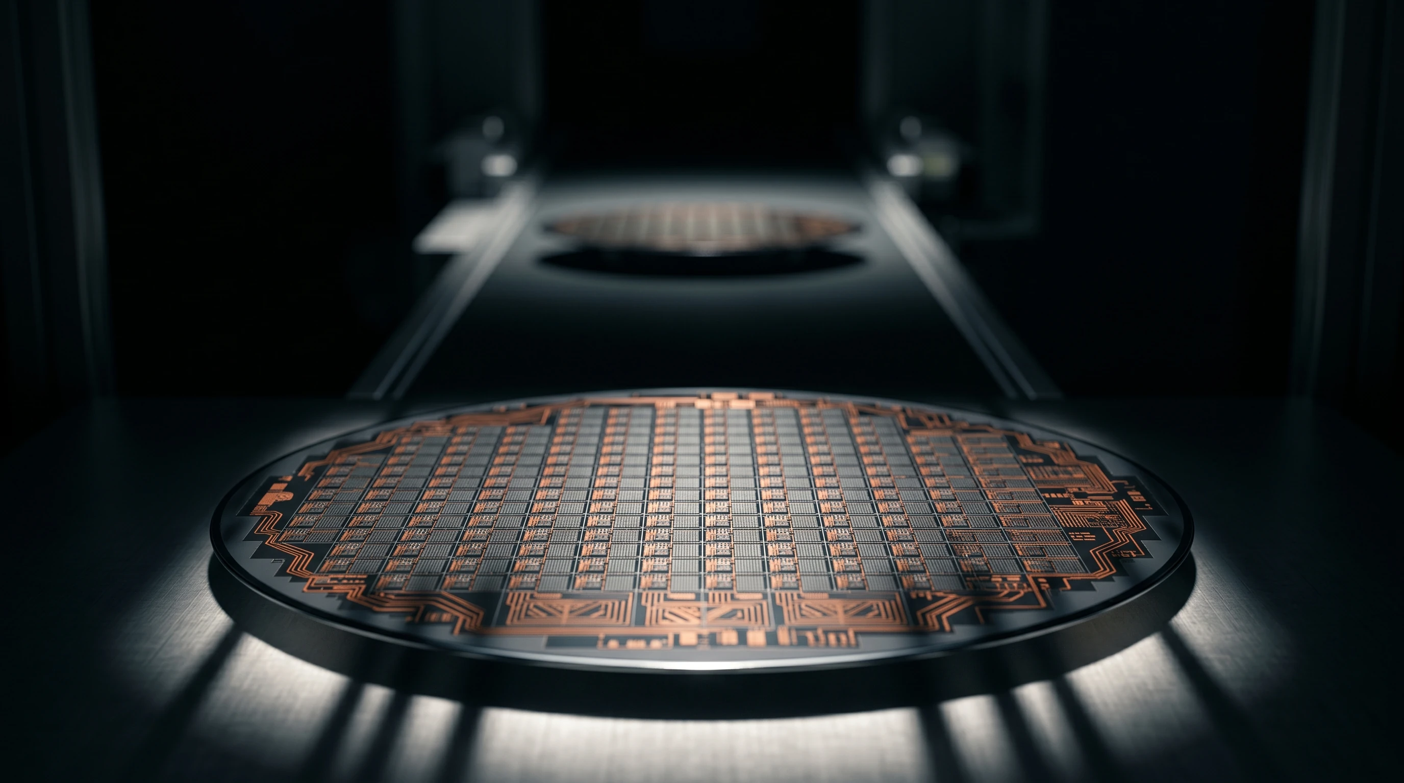 Zwei Halbleiter-Wafer in stark unterschiedlichen Fokusebenen, die den Compute-Fertigungsabstand zwischen US-amerikanischer und chinesischer Chipindustrie veranschaulichen