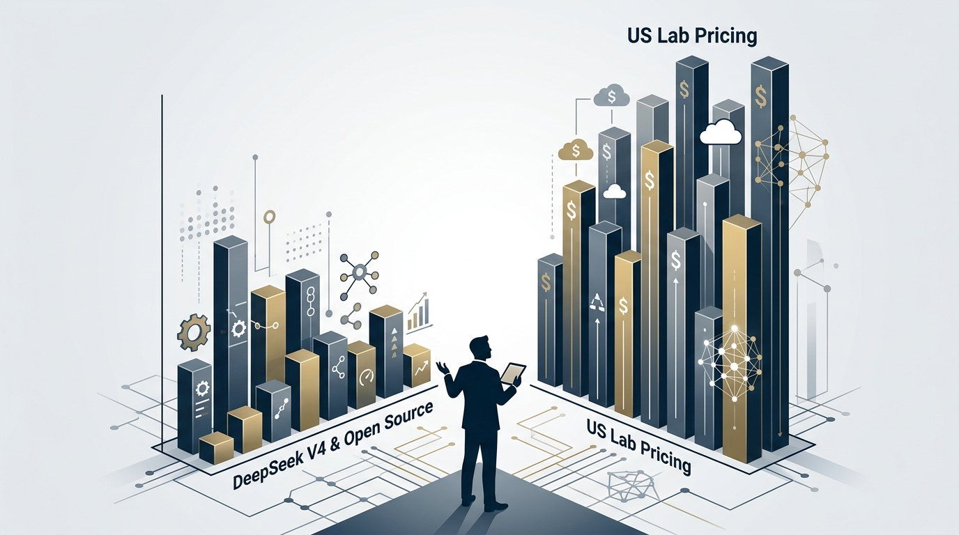 Abstract visualization of the 7-9x cost differential between US frontier AI APIs and DeepSeek V4 pricing for enterprise buyers