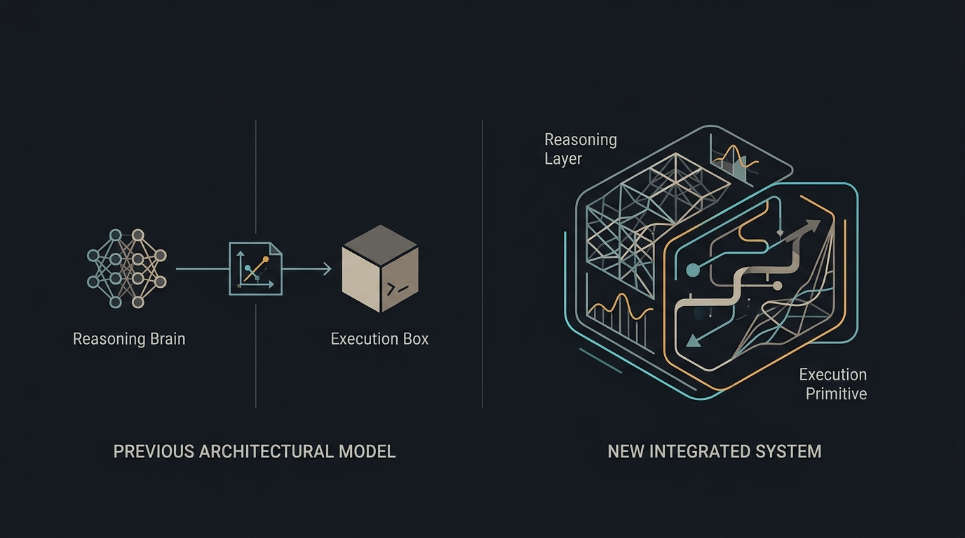 Diagram comparing the old separated reasoning-and-execution architecture with the new integrated model where reasoning wraps around the execution primitive