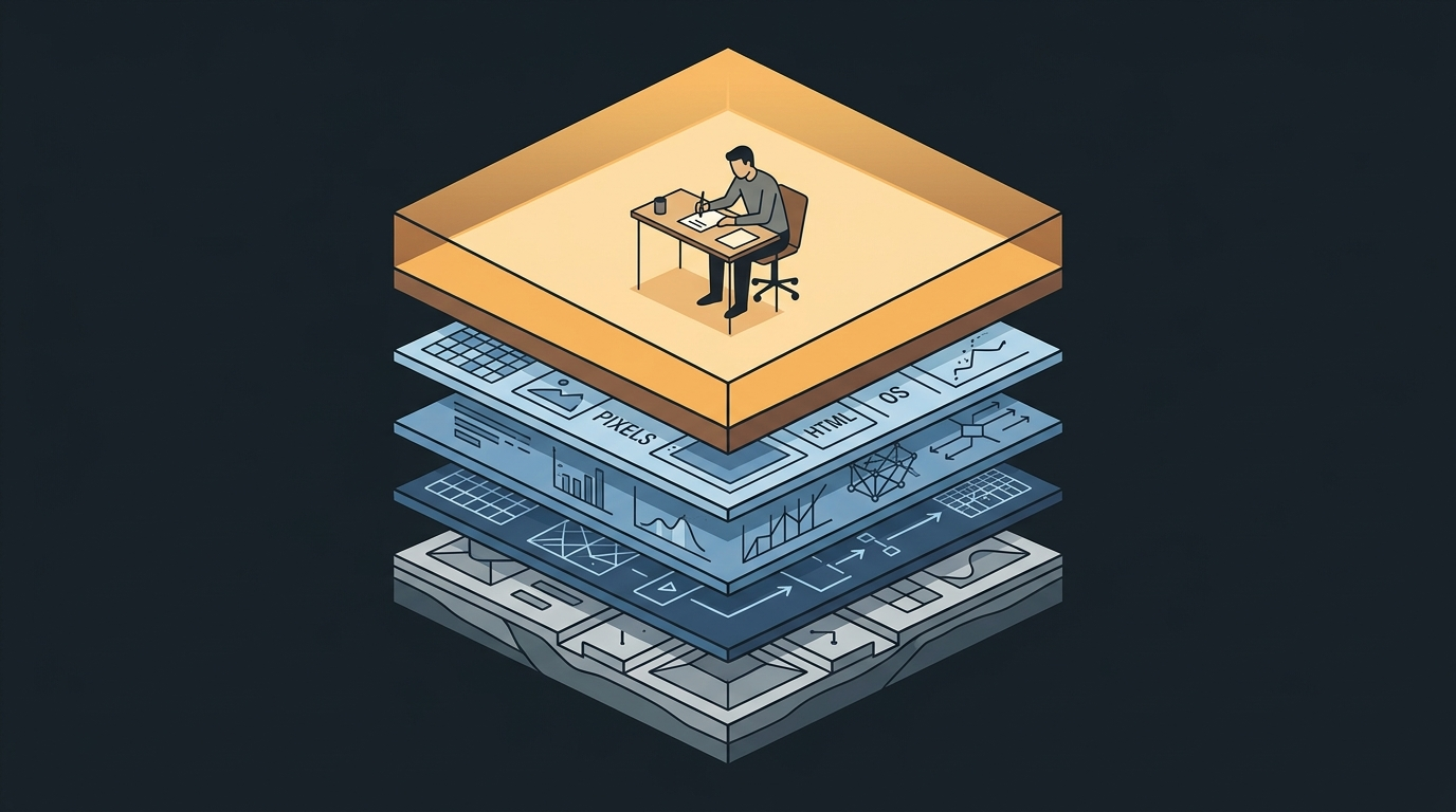 Geological layers metaphor showing the specification layer expanding upward while the automated execution layer compresses, with a human brief-writer at the top